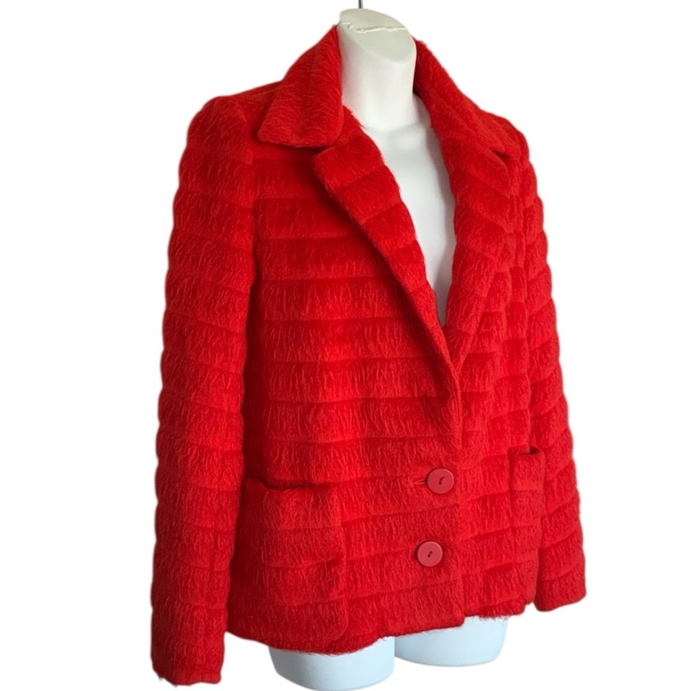 Nanette Lepore Blazer Woman Xs Red Wool/Alpaca, Fuzzy Texture In Stripes. Euc